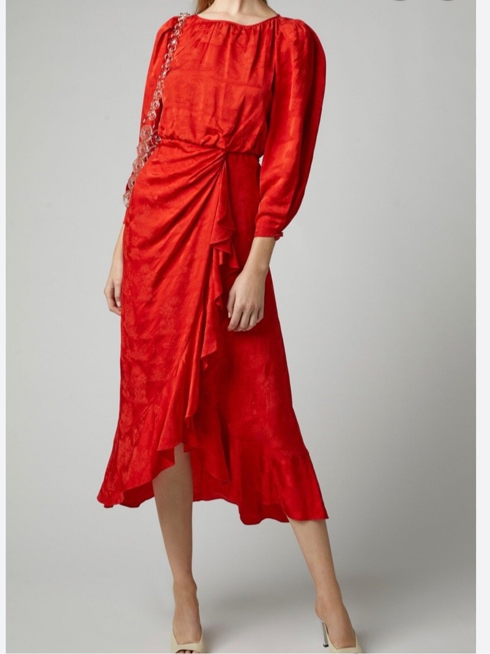Johanna Ortiz Cuentos Y Relatos red satin-jacquard midi dress ruffle Sz 6 event